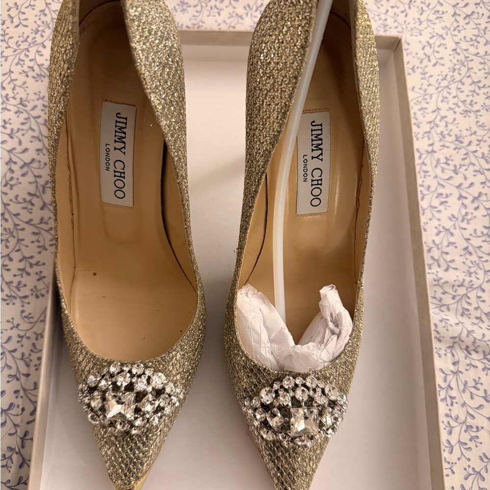 Jimmy Choo Glittering Gold Heels with Crystals size 8.5